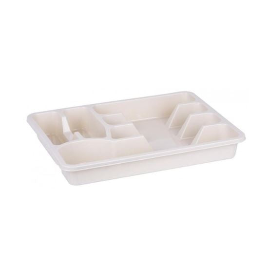 Suport pentru organizarea tacâmurilor, tip tavă pentru sertar, cu 6 compartimente. Realizat din material rezistent, în culoare bej, dimensiuni: 30x38x5 cm-Wisdom Store
