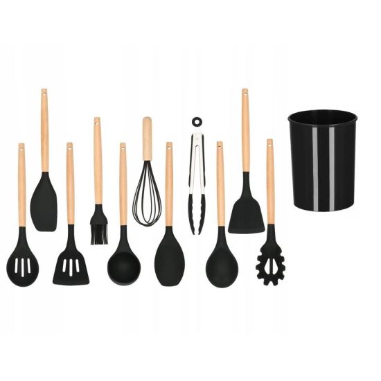 Set ustensile bucătărie, silicon și bambus, 12 piese – ideal pentru gătit/prăjit și servire practică-Wisdom Store