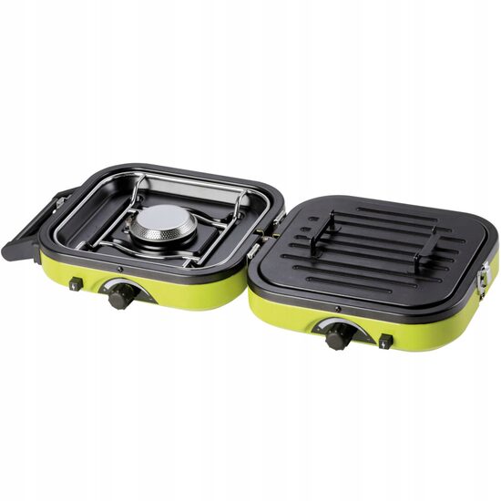 Aragaz camping portabil Meva, 2 în 1, cu două arzătoare și plită – pentru doză de gaz de 230/450 g - Wisdom Store