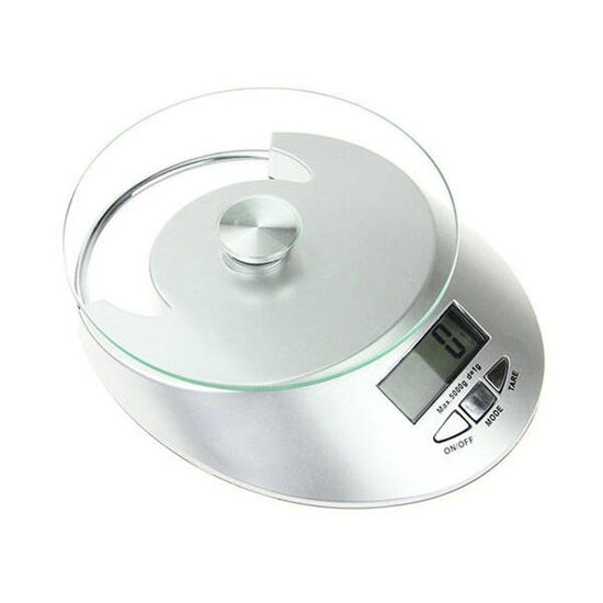 Cântar electronic de bucătărie Verk Group, capacitate maximă 5 kg, culoare argintie, cu afișaj digital. Funcționează cu baterie 1xCR 2032, dimensiuni: 19x16x3.5 cm-Wisdom Store