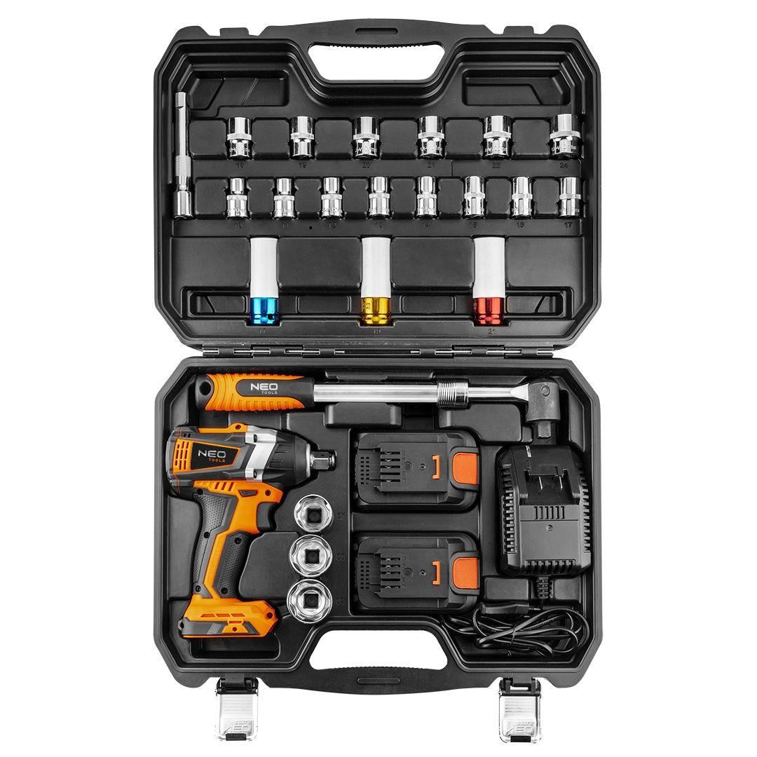 Masina de insurubat, cu impact, cu 2 acumulatori 2 Ah, incarcator 18 V Li-ion, accesorii, 200 Nm, 1/2", NEO