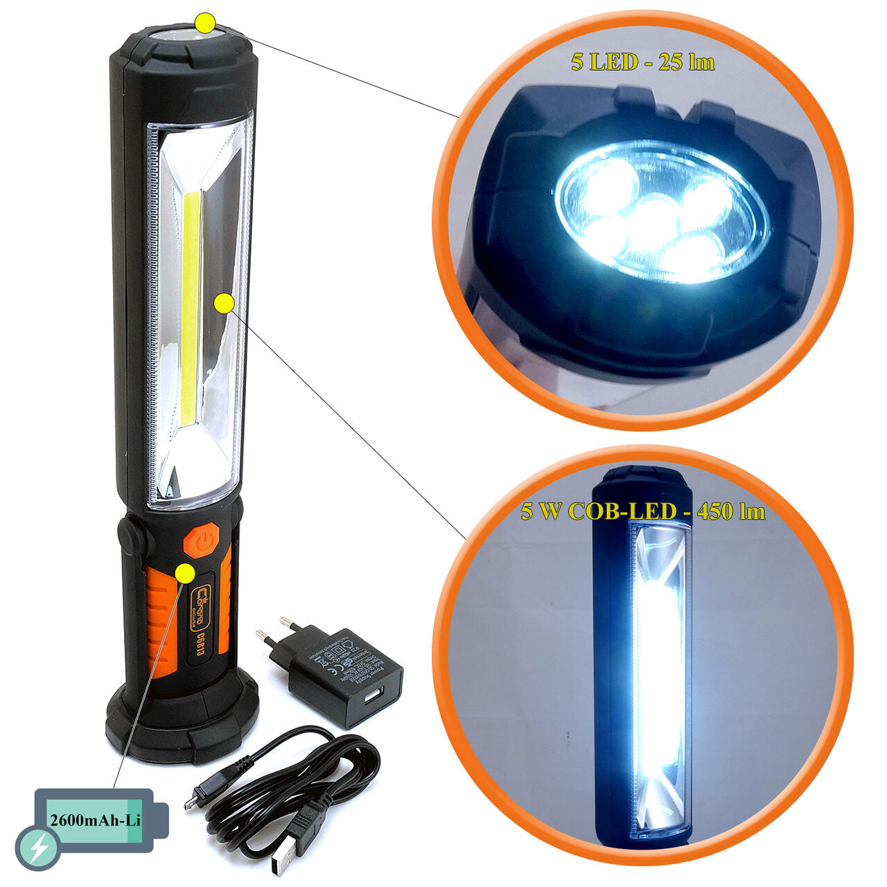 Munkalámpa, COB LED, mágneses, elemmel, 5 W, 450+25 lm, USB, Richmann Exclusive