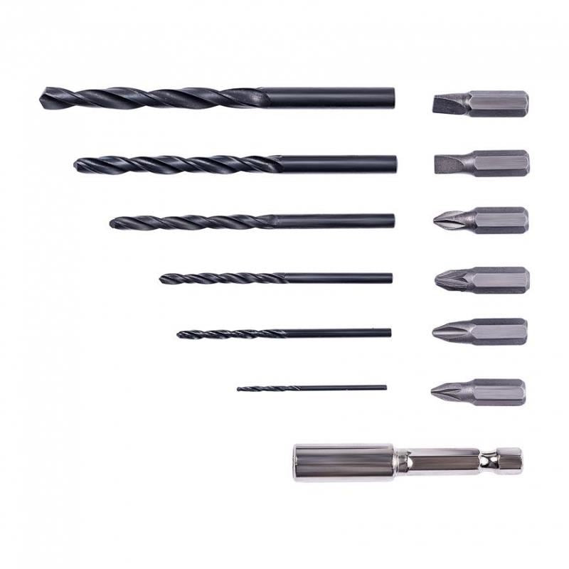 Fúró, csavarhúzó (fúró), 1,5 Ah-s akkumulátorral, 12 V-os lítium-ion töltővel, bit- és fúrókészlettel, 0,8-10 mm-es automata tokmánnyal, Worcraft