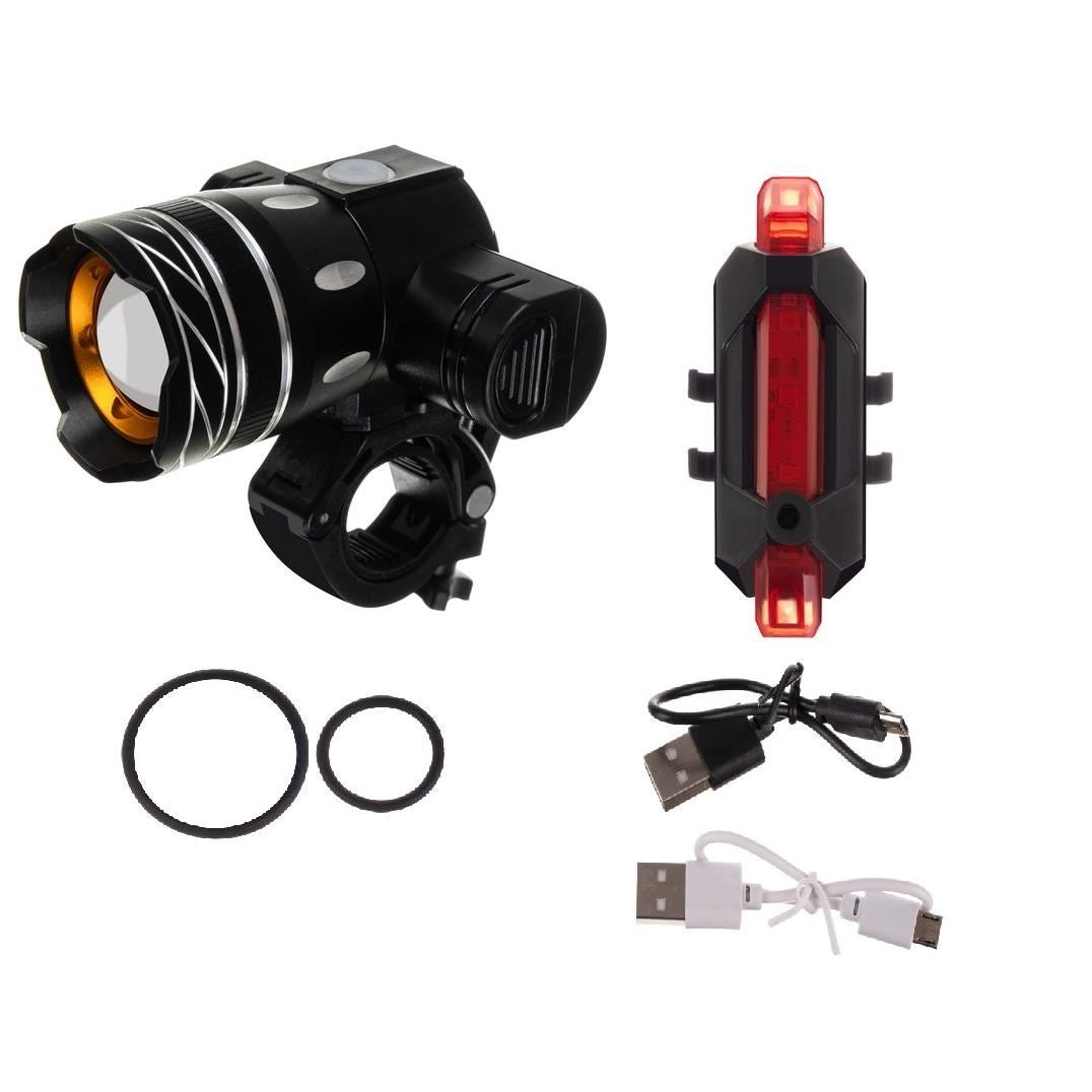 Set stop si far pentru bicicleta, 2xCREE LED XM-L T6, 3/7 moduri iluminare, aluminiu si plastic, incarcare USB, 7.5x8.5x9.5 cm, Trizand 