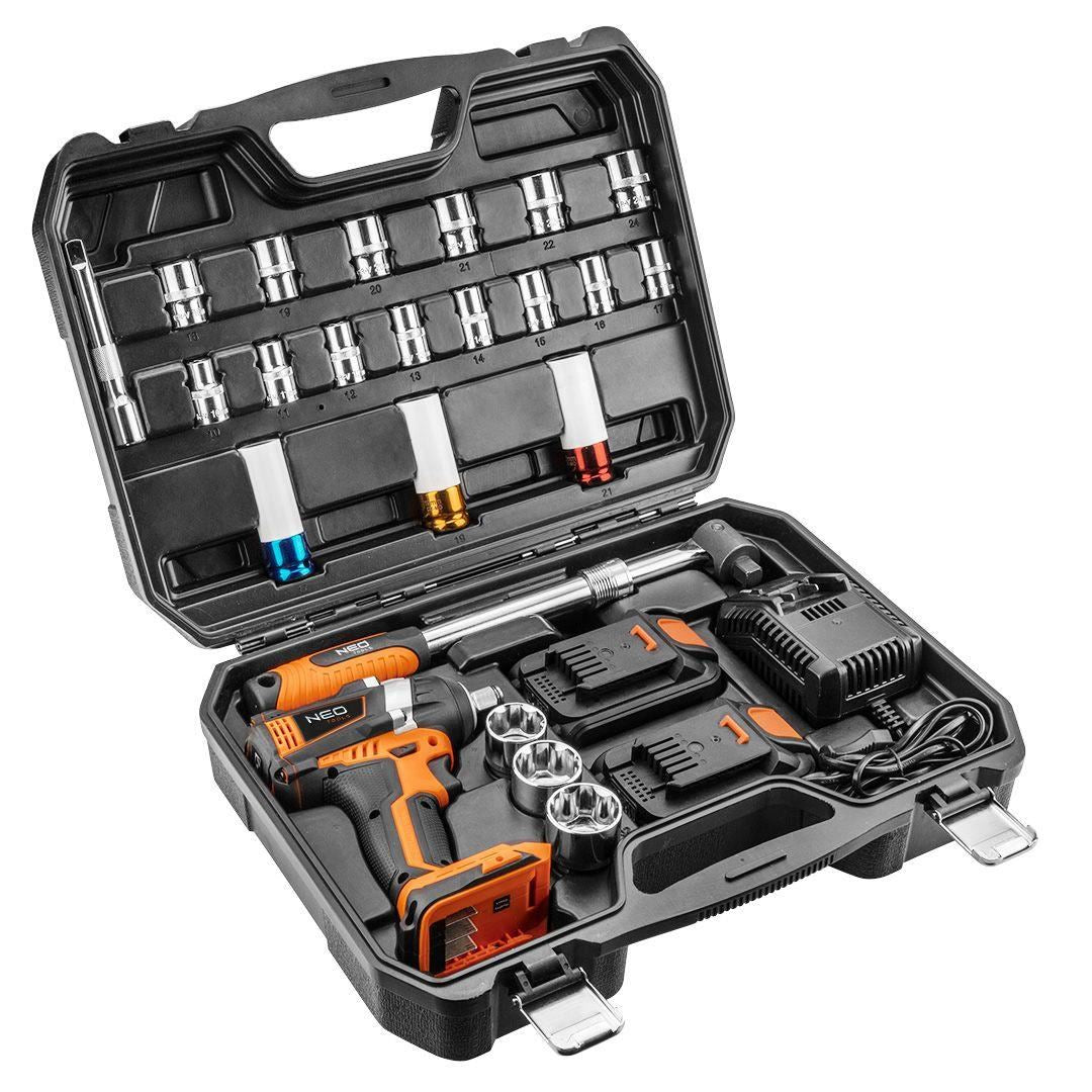 Masina de insurubat, cu impact, cu 2 acumulatori 2 Ah, incarcator 18 V Li-ion, accesorii, 200 Nm, 1/2", NEO