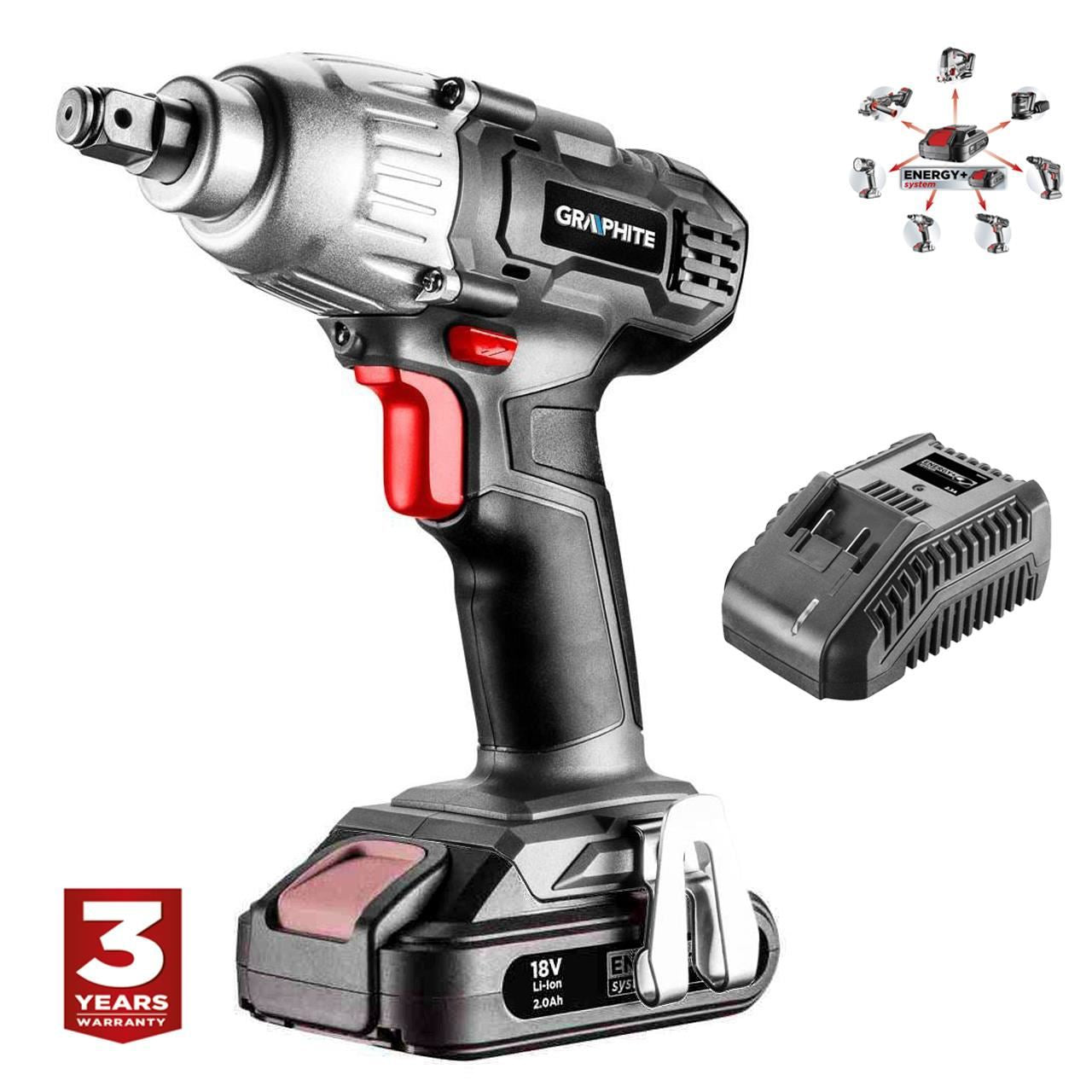 Masina de insurubat, de impact, cu acumulator 2 Ah, incarcator 18 V Li-ion, 180 Nm, 1/2", Graphite Energy