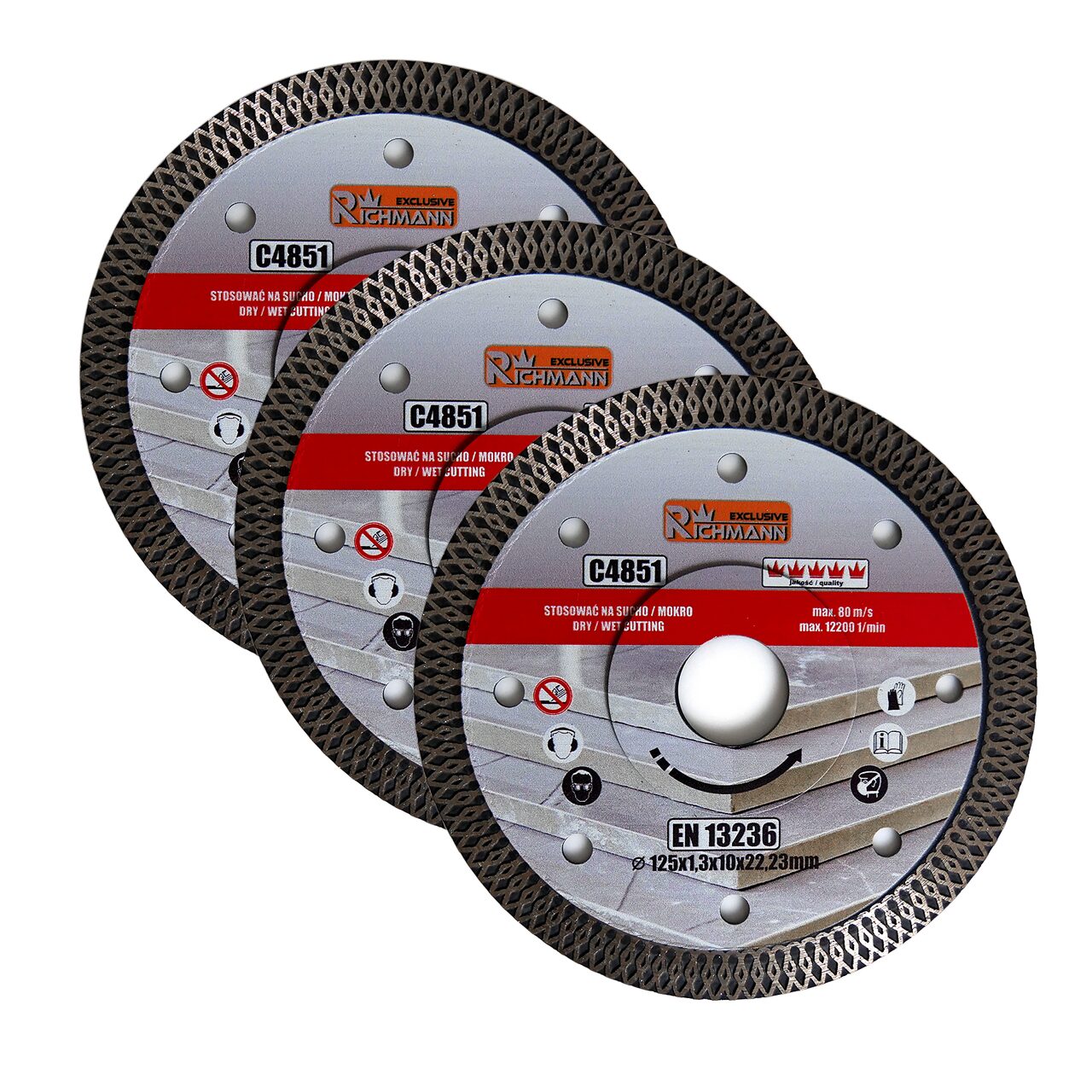 Disc diamantat turbo subtire, ceramica, taiere umeda si uscata, set 3 buc, 125 mm/22.23 mm, Richmann Exclusive