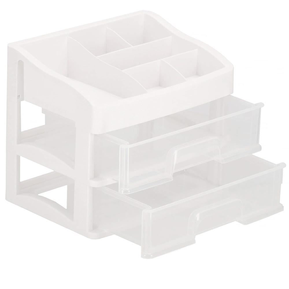 Organizator cosmetice, plastic, 3 niveluri, 2 sertare, alb, 20x16.5x23 cm, Springos