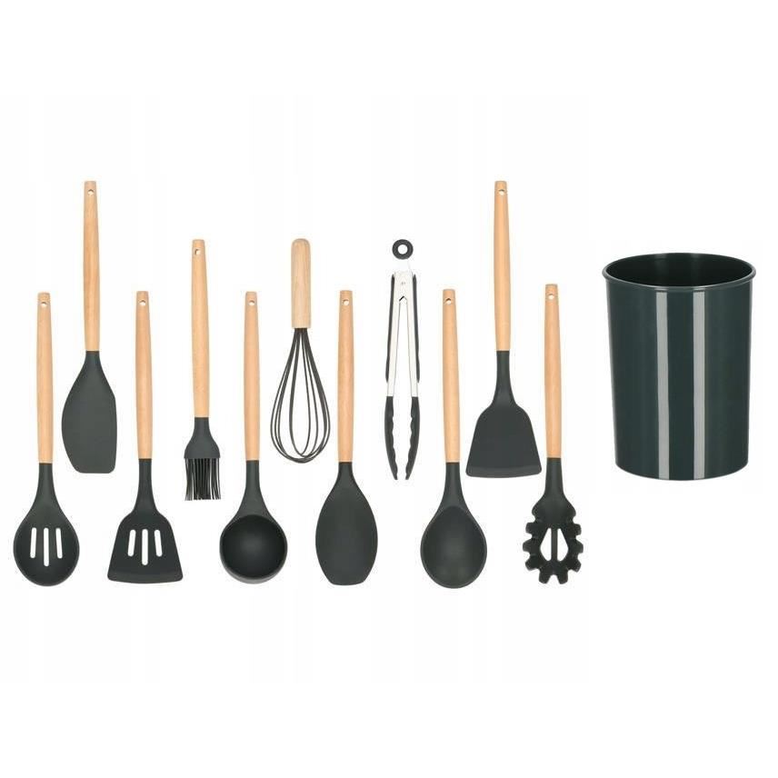 Set ustensile bucatarie, silicon si bambus, grafit, 12 piese, Springos