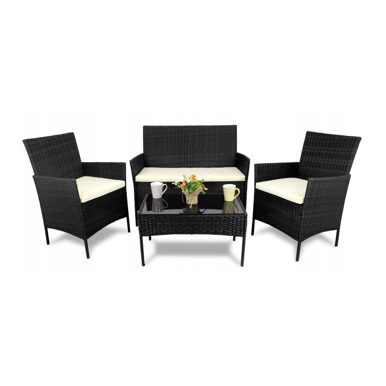 Set mobilier gradina/terasa, poliratan, negru cu perne crem, 1 masa, 2 fotolii, 1 canapea, Medi