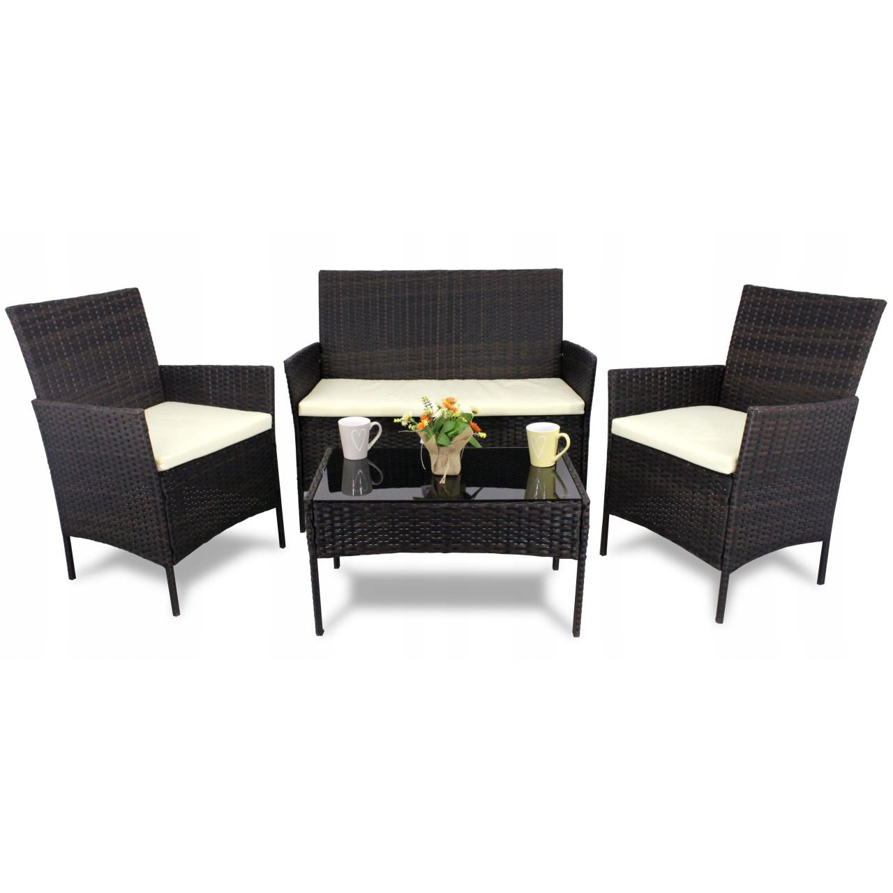Set mobilier gradina/terasa, poliratan, maro cu perne crem, 1 masa, 2 fotolii, 1 canapea, Medi
