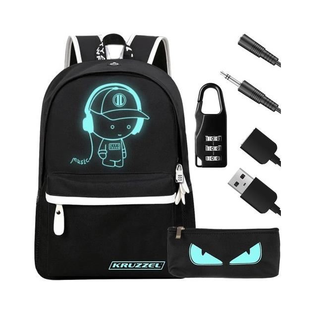 Ghiozdan/rucsac smart, fosforescent, impermeabil, cablu USB, mini jack, lacat, negru, 33x14x42 cm, Kruzzel 