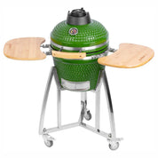 Gratar gradina cu carbuni, grill rotund, ceramic, cu roti, capac, rafturi, verde, 40x97.5 cm, Kamado Egg 16