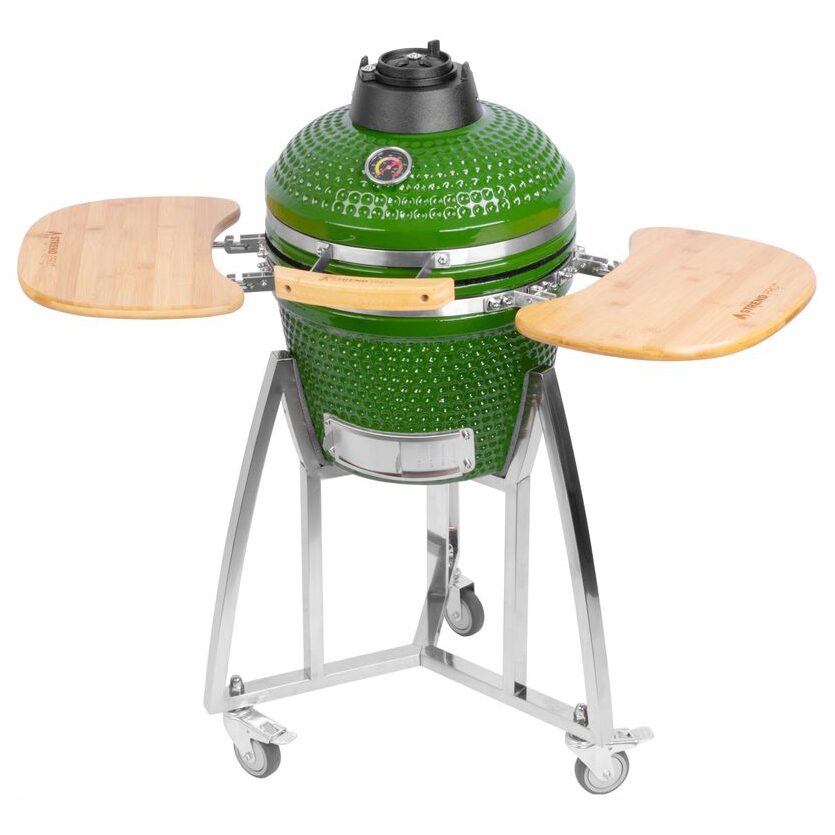 Gratar gradina cu carbuni, grill rotund, ceramic, cu roti, capac, rafturi, verde, 40x97.5 cm, Kamado Egg 16