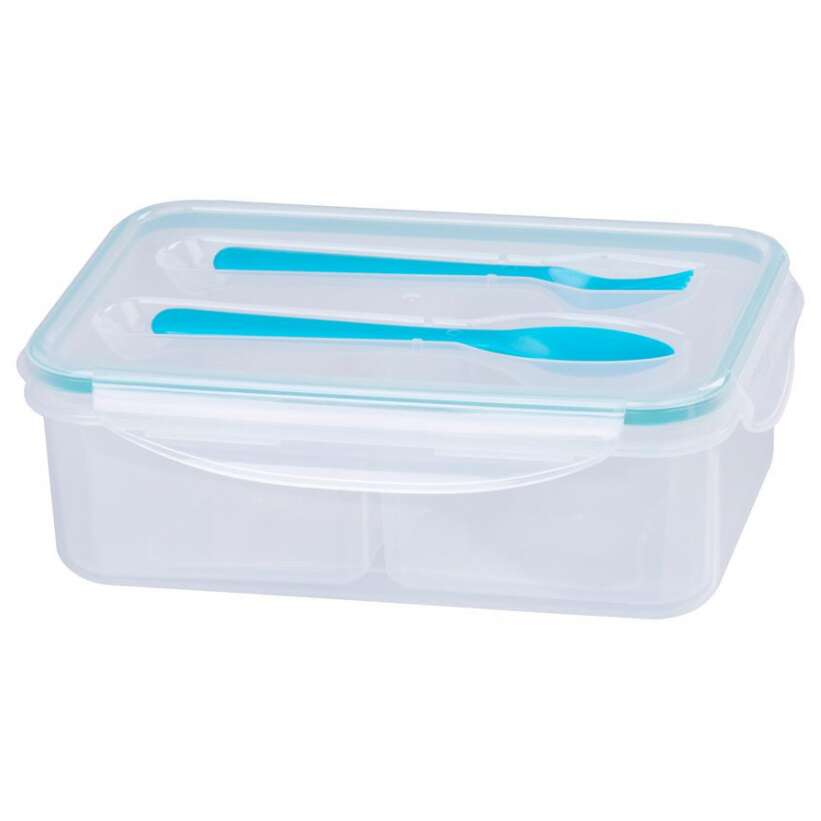 caserola alimente, plastic, etansa, albastru, 2 compartiment, cu lingura si furculita, 1.5 L, 22x15.2x7.6 cm, MagicHome