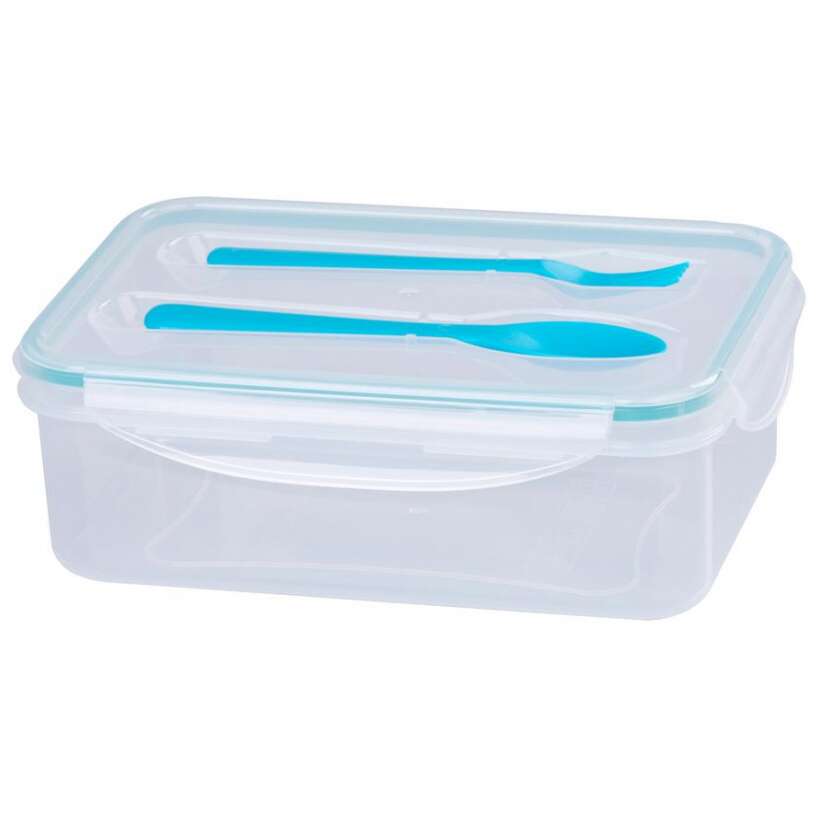 caserola alimente, plastic, etansa, albastru, 1 compartiment, cu lingura si furculita, 1.5 L, 22x15.2x7.6 cm, MagicHome