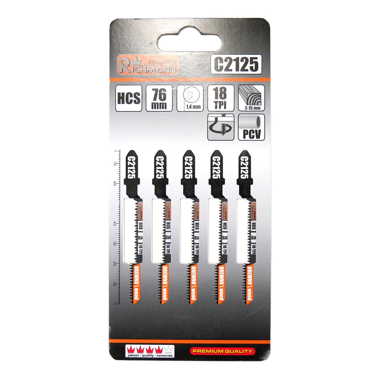 Panza, lama, fierastrau pendular, pentru lemn, HCS, prindere tip T, taiere curbata, 18 TPI, set 5 buc, 76 mm, Richmann