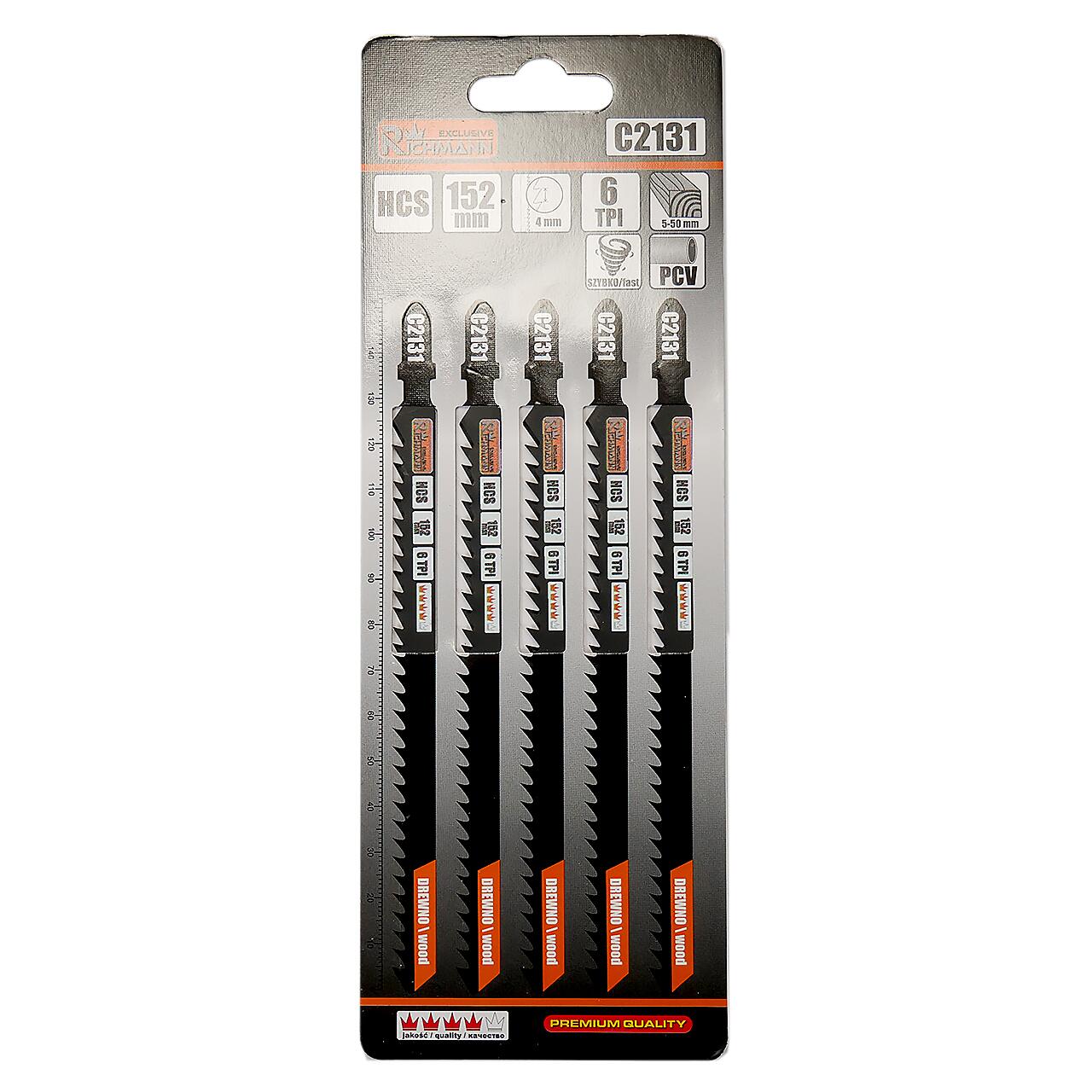 Panza, lama, fierastrau pendular, pentru lemn, HCS, prindere tip T, taiere rapida, 6 TPI, set 5 buc, 152 mm, Richmann