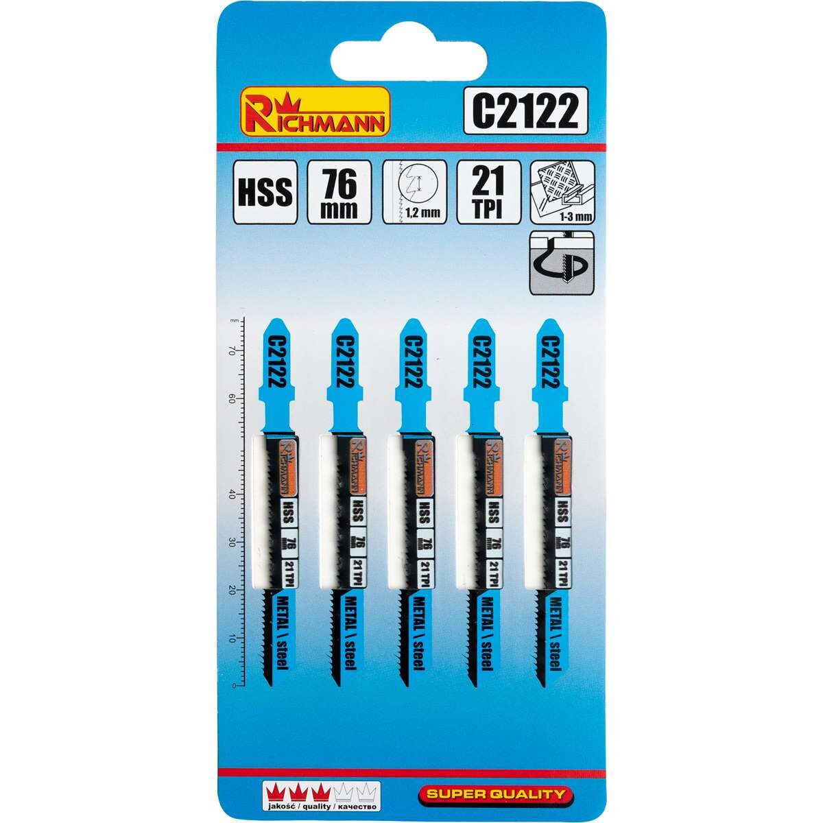 Panza, lama, fierastrau pendular, pentru metal, HSS, prindere tip T, taiere curbata, 21 TPI, set 5 buc, 76 mm, Richmann