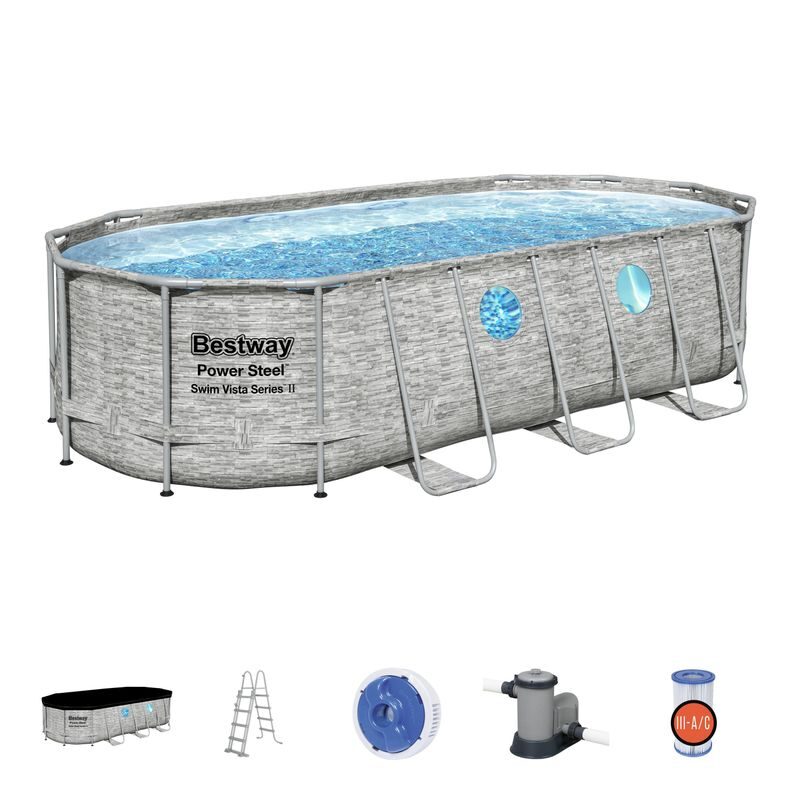 Piscina structura metalica, ovala, cu filtru, pompa, scara, dozator, gri, 549x274x122 cm, Bestway Power Steel