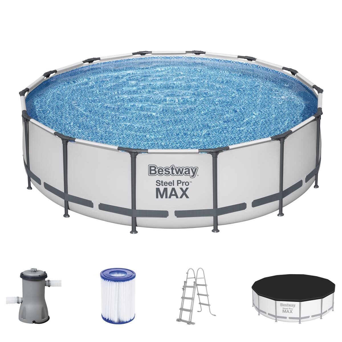 Piscina structura metalica, rotunda, cu filtru, pompa, scara, prelata acoperire, gri, 427x107 cm, Bestway Steel Pro