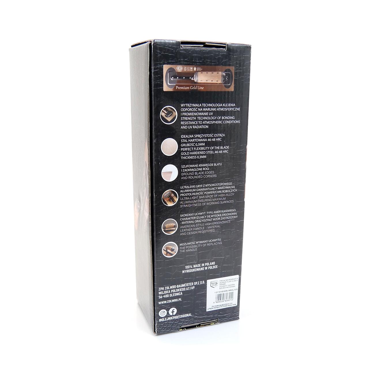 Gletiera inox, intarita, Olejnik, SuperFlex, maner piele naturala, 0.3 mm, 305x100 mm