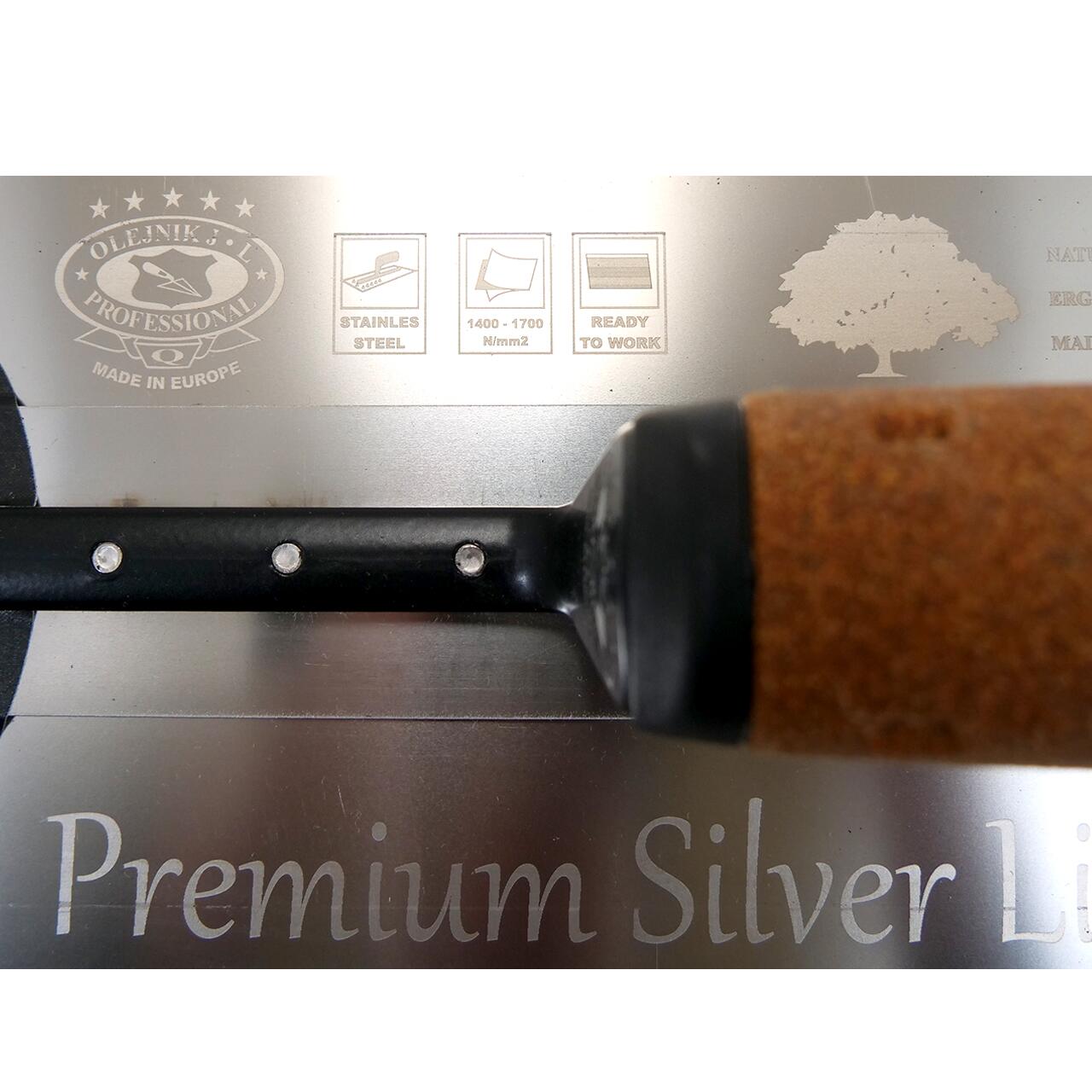 Gletiera inox, Olejnik, intarita, MediumFlex, maner pluta, laminata la rece, argintata, 0.4 mm, 356x120 mm