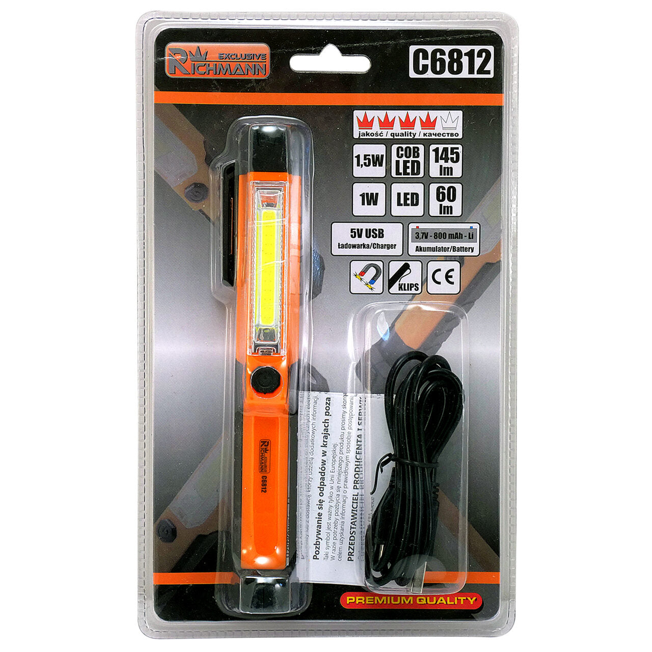 MINI zseblámpa, 145+60 lm LED, hordozható akkumulátoros lámpa, 800 mAh, RICHMANN EXCLUSIVE