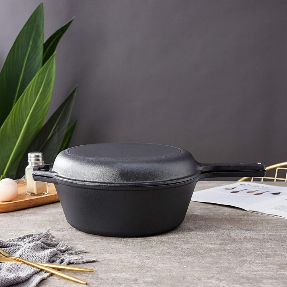 Oala de fonta cu capac tip tigaie, Perfect Home, 14x27 cm