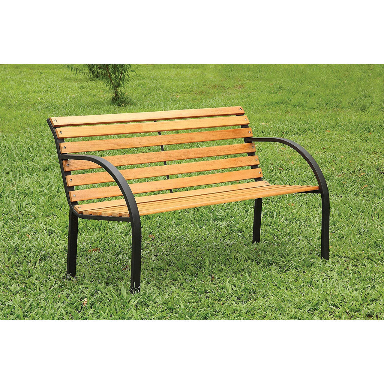 Banca de gradina, lemn, structura metal, 123x54x77 cm, Everild