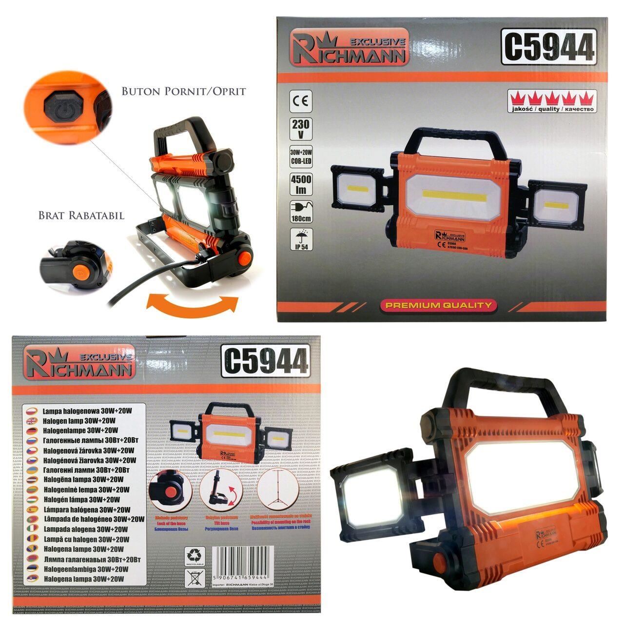 Munkalámpa, COB LED, 30 W, 4500 lm, IP54, Richmann Exclusive