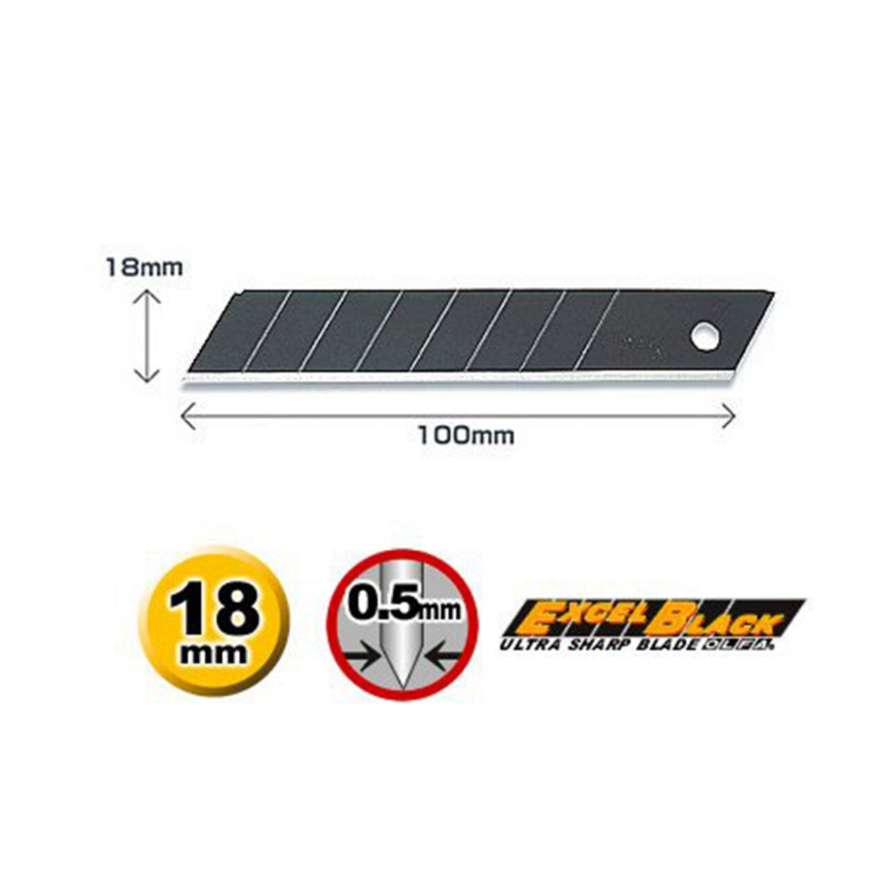 Tartalék pengék, OLFA vágó, 10 darabos készlet, 18 mm - KÜLÖNLEGESEN éles - Excel Black
