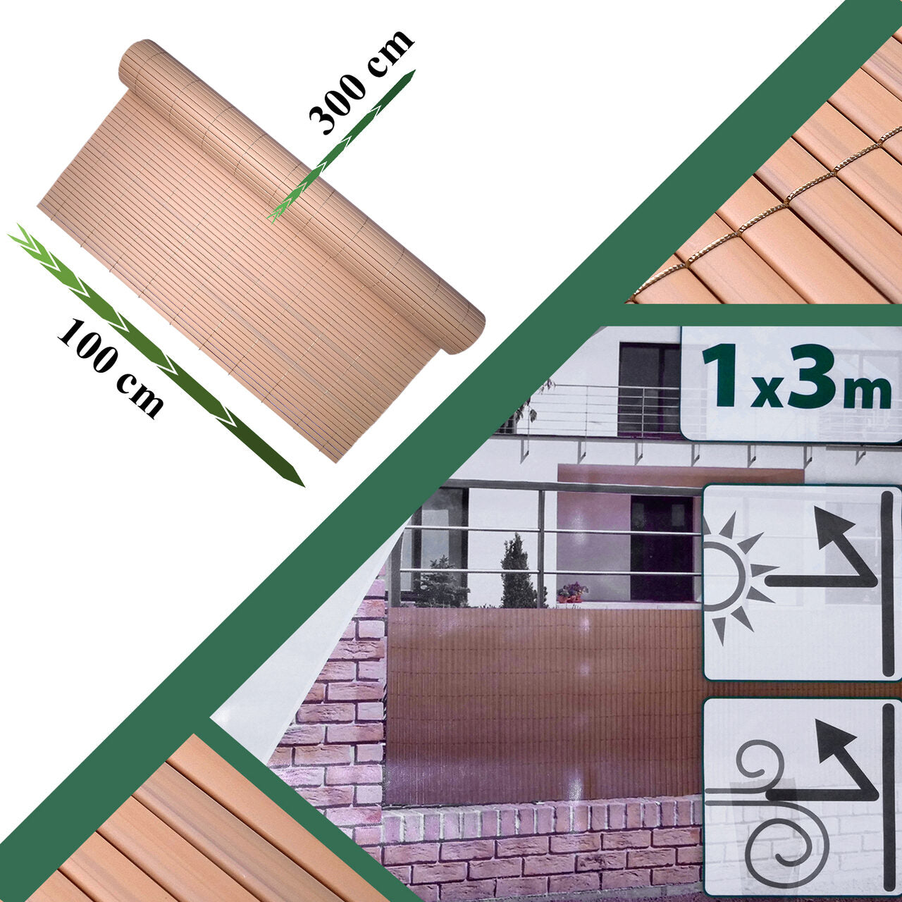 Paravan pentru balcon, terasa, gard PVC, stil bambus, 1300 g/m2, UV, 3x1 m