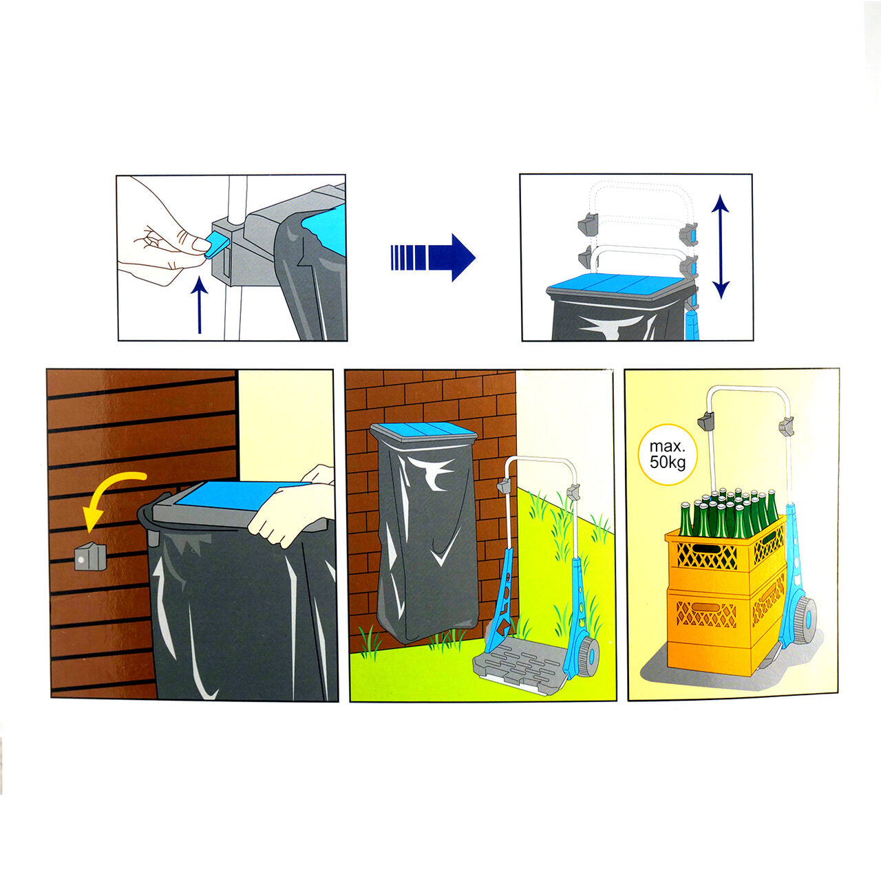 Suport pentru saci de gunoi cu roti pentru gradina, carucior transport navete max 50 kg  120 l