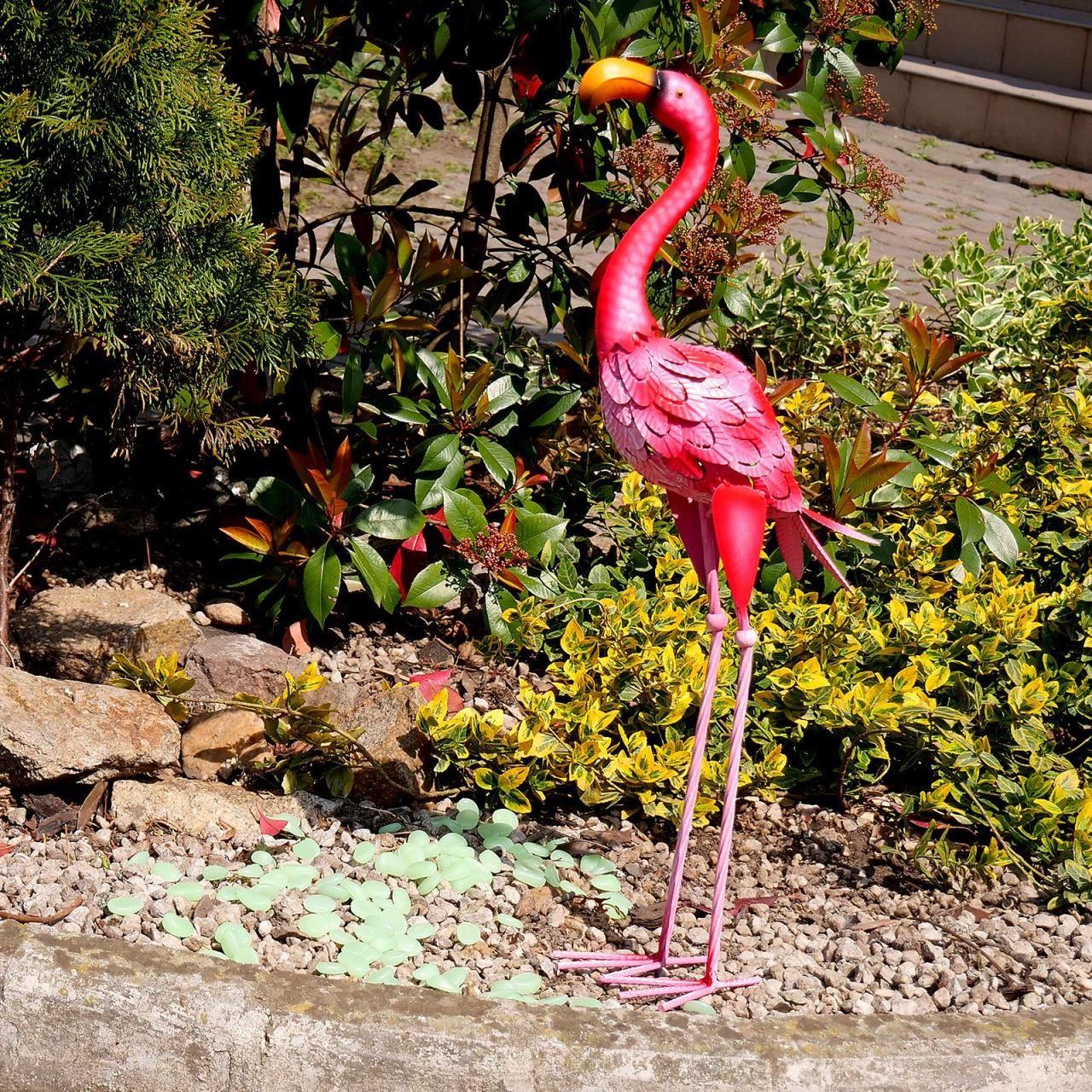 Kerti dekoráció, fém, flamingó, 14x24x65 cm