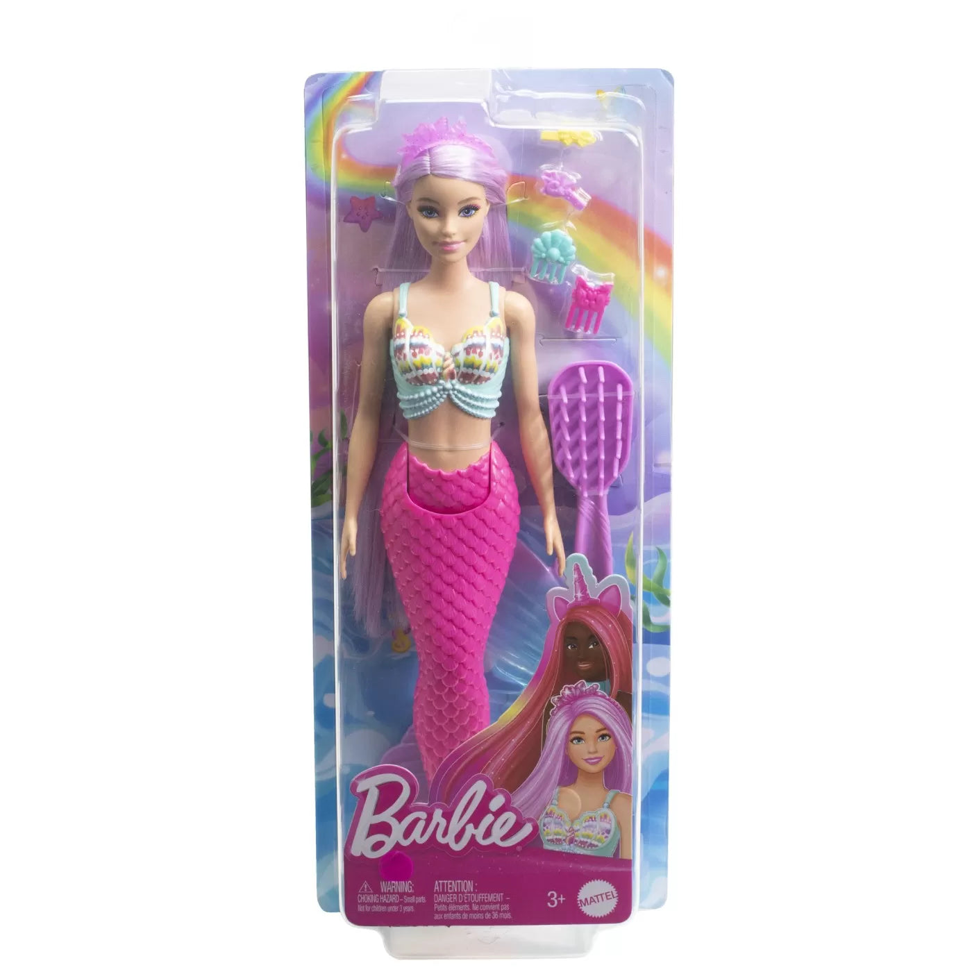 Barbie papusa sirena cu par mov si coada roz