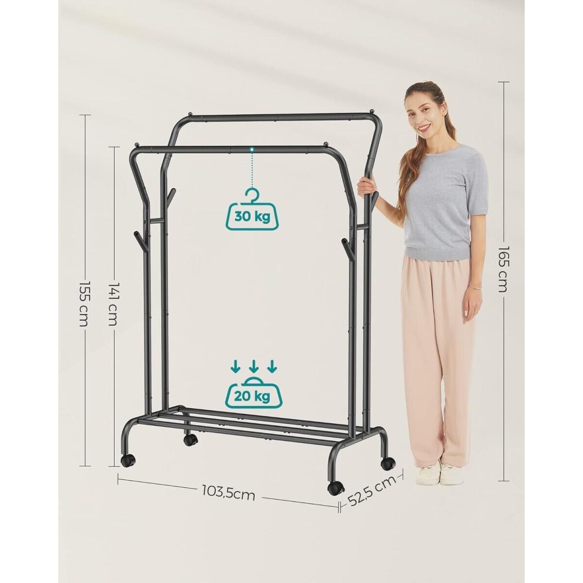 Suport mobil cu roti pentru haine, cu raft incaltaminte, otel, negru, max 100 kg, 103.5x52.5x155 cm