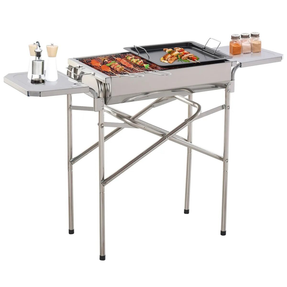 camping cu carbuni, portabil, grill dreptunghiular, cu suport condimente, structura inox, 104x30x68 cm