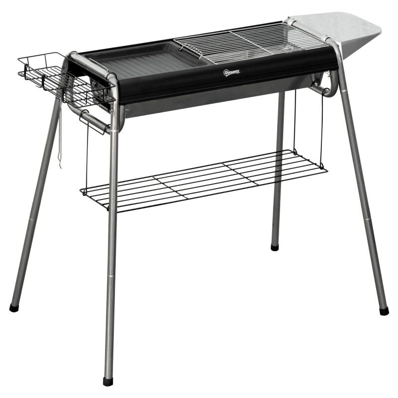 camping cu carbuni, portabil, grill dreptunghiular, cu rafturi, structura inox, 96x61x72 cm