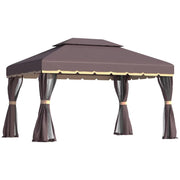 Pavilion/foisor pentru gradina/terasa, cadru aluminiu, cu plasa pentru insecte, cafeniu, 3.90x2.90x2.80 m