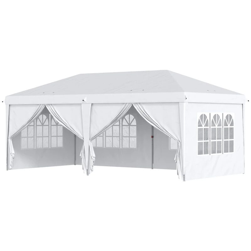 Pavilion pentru gradina/comercial, cadru metalic, material Oxford, 6 pereti, pliabil, alb, 5.85x2.95x2.70 m