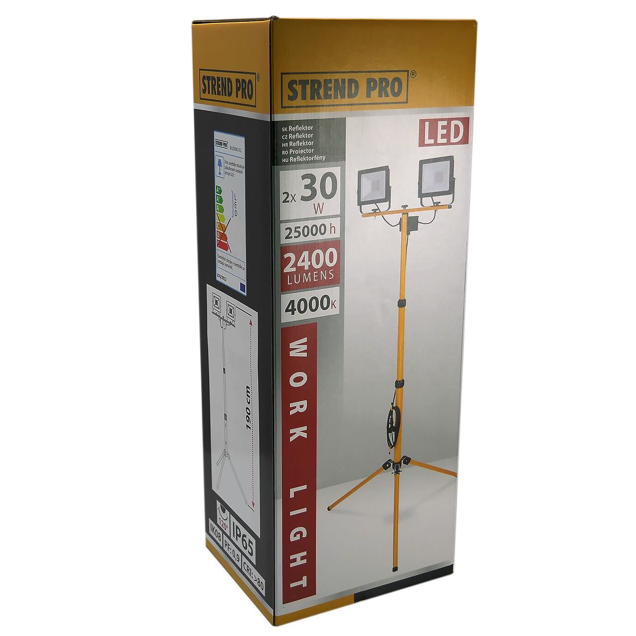 Munkalámpa, SMD LED, háromlábú állvánnyal, 2x30 W, 2x2400 lm, IP65, Strend Pro