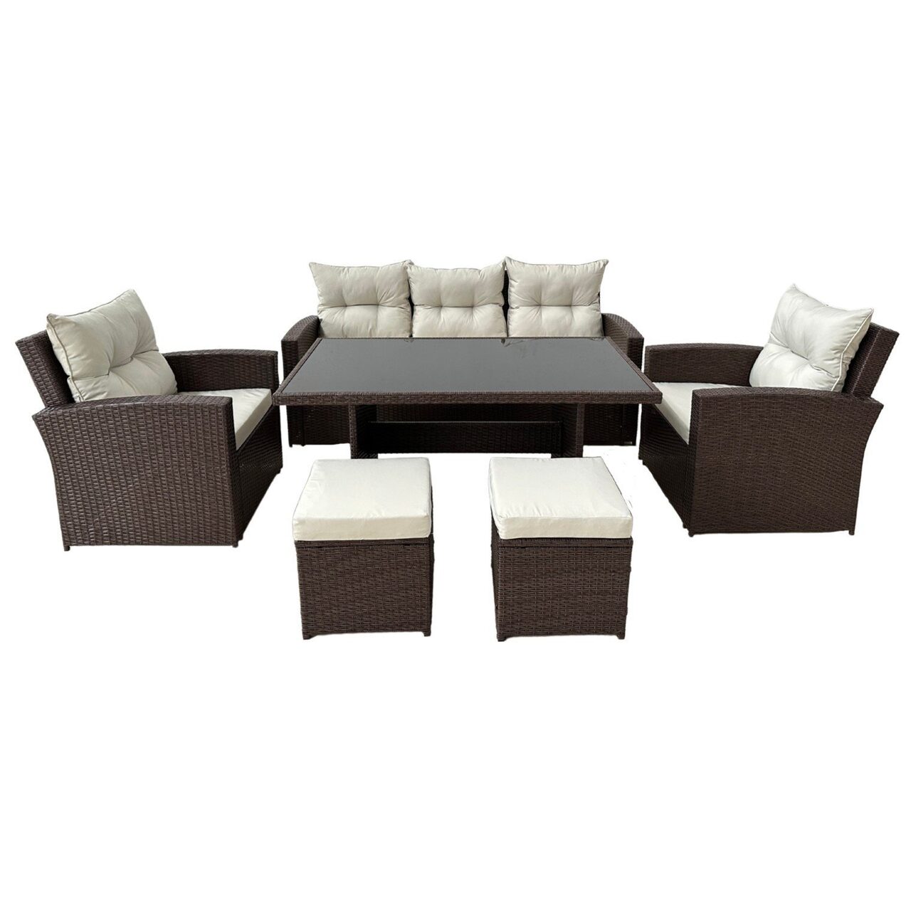 Set mobilier gradina/terasa, maro si bej, 1 masa, 2 scaune, 2 tabureti, 1 canapea, Dolores