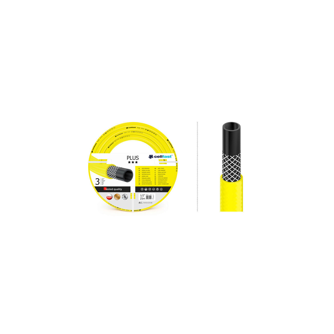 Furtun de gradina, 3 straturi, + cadou 2 cuple, 1 adaptor, 1/2", 25 m, Cellfast Plus