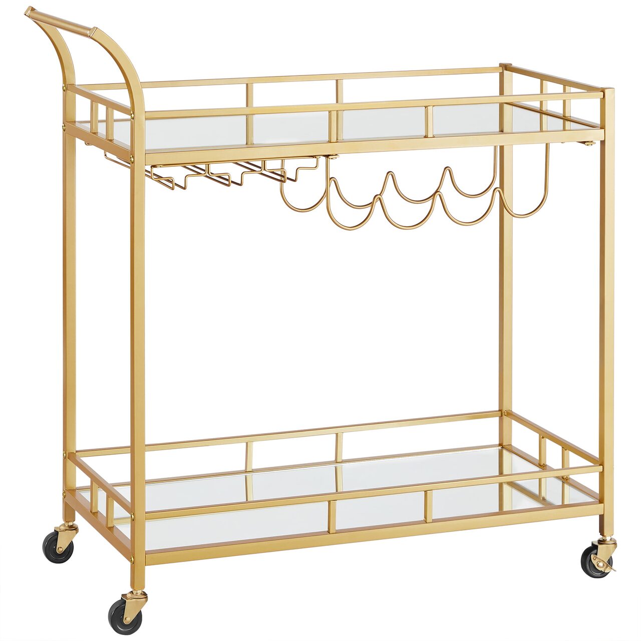 Carucior servire, raft mobil pentru bucatarie, Artool, pe roti, otel, sticla, cu suport pahare si sticle, auriu, 86x38x90 cm