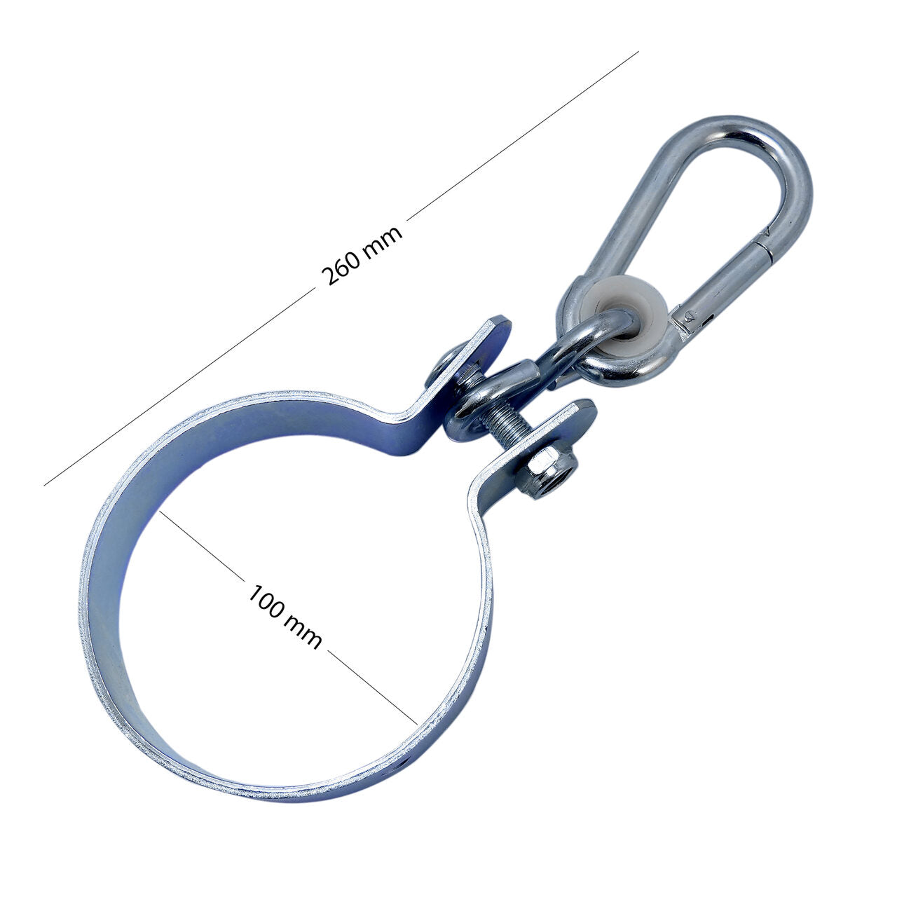 Lengőkarabiner, kerek szorítórendszerrel, 100 mm