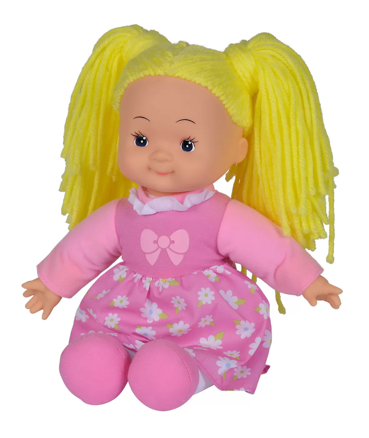 Virágmintás textil baba 38cm sárga hajjal