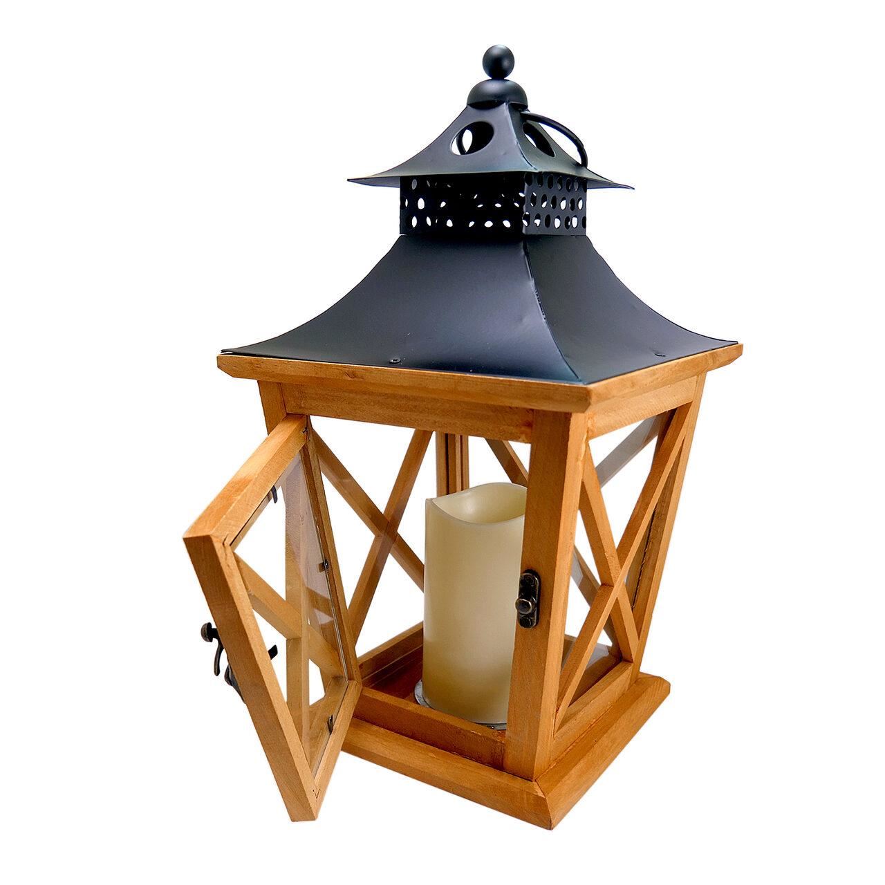 Felinar decorativ, lemn, LED, 19x19x36 cm