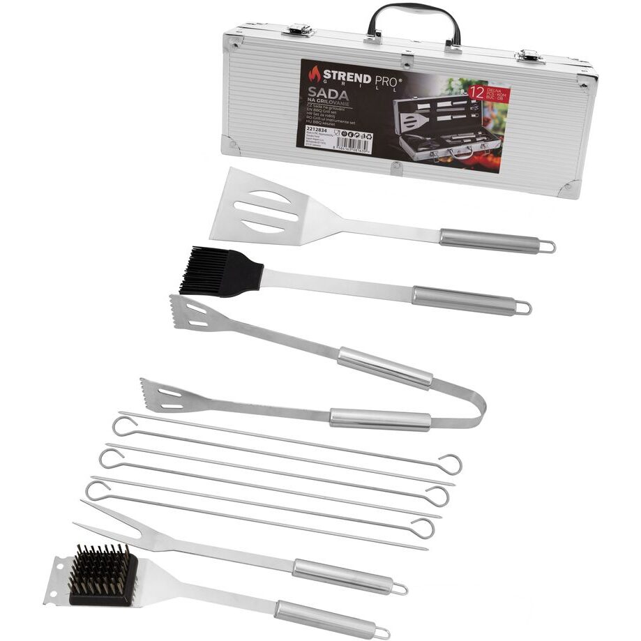 Ustensile pentru barbecue, grill, gratar, inox, cu geanta tip servieta, set 12 piese, Strend Pro Grill