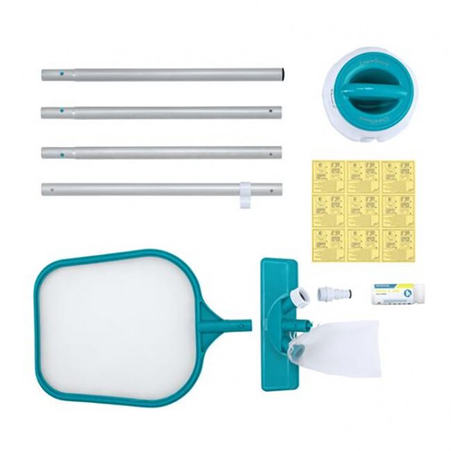 Set curatare si intretinere piscina, minciog cu maner, aspirator, filtru, dozator, 9 plasturi, Bestway FlowClear